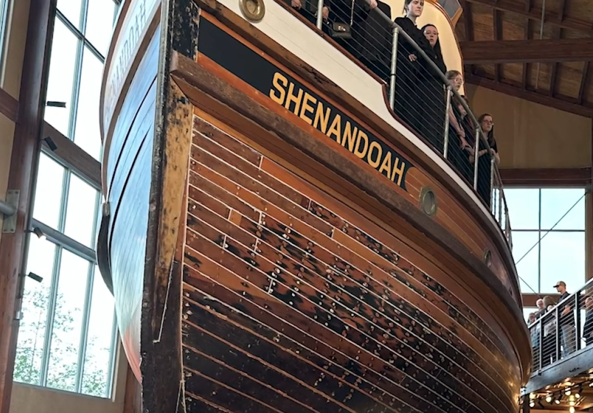 A large ship named Shenandoah inside a museum.