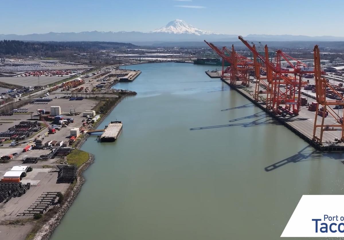 Aerial view of a port terminal with orange cranes over a waterway.